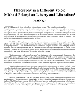 Philosophy in a Different Voice: Michael Polanyi on Liberty and Liberalism1 Paul Nagy