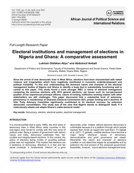 Electoral Institutions and Management of Elections in Nigeria and Ghana: a Comparative Assessment
