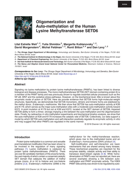 Oligomerization and Auto-Methylation of the Human Lysine Methyltransferase SETD6