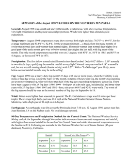 SUMMARY of the August 1998 WEATHER on the MONTEREY PENINSULA