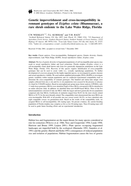 Genetic Impoverishment and Cross-Incompatibility in Remnant Genotypes of Ziziphus Celata (Rhamnaceae), a Rare Shrub Endemic to the Lake Wales Ridge, Florida