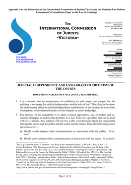 International Commission of Jurists (Victoria) to the Victorian Law Reform Commission’S Consultation Paper on the Law of Contempt