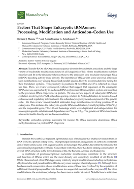 Processing, Modification and Anticodon–Codon