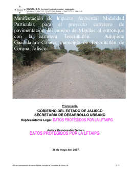 Pavimentación Del Camino De Milpillas Al Entronque Con La Carretera Teocuitatlán - Autopista Guadalajara–Colima, Municipio De Teocuitatlán De Corona, Jalisco