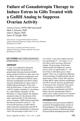 Failure of Gonadotropin Therapy to Induce Estrus in Gilts Treated with a Gnrh Analog to Suppress Ovarian Activity