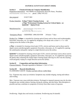 1 MATERIAL SAFETY DATA SHEET (MSDS) Section I Chemical Product