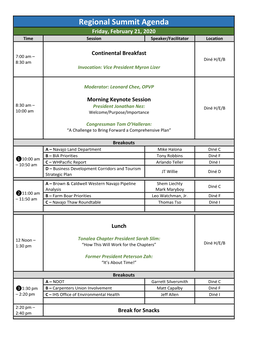 Regional Summit Agenda Friday, February 21, 2020 Time Session Speaker/Facilitator Location