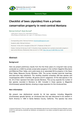 Checklist of Bees (Apoidea) from a Private Conservation Property in West-Central Montana