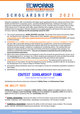 Scholarship Information Pack Regarding the Format, Schools and Timing of the ACER and EDUTEST Scholarship Exams, and SEAL/ELMS/ALPHA Tests