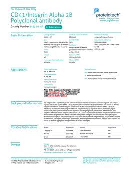 CD41/Integrin Alpha 2B Polyclonal Antibody Catalog Number:24552-1-AP 11 Publications