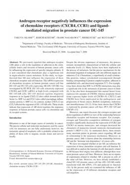 Androgen Receptor Negatively Influences the Expression of Chemokine Receptors (CXCR4, CCR1) and Ligand- Mediated Migration in Prostate Cancer DU-145