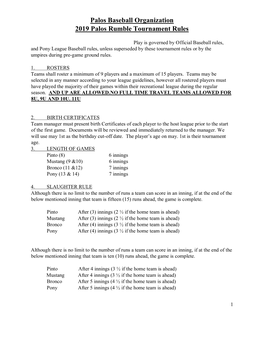 Palos Baseball Organization 2019 Palos Rumble Tournament Rules