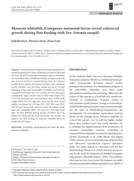 Coregonus Maraena) Larvae Reveal Enhanced Growth During First Feeding with Live Artemia Nauplii