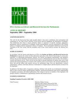 IFLA Section on Library and Research Services for Parliaments ANNUAL REPORT September 2003 – September 2004