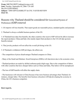 Reasons Why Thailand Should Be Considered for Generalized System of Preferences (GSP) Renewal