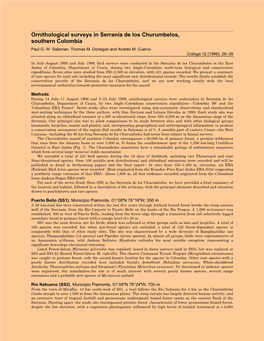 Ornithological Surveys in Serranía De Los Churumbelos, Southern Colombia