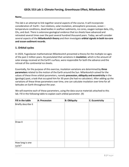 GEOL 553 Lab 1: Climate Forcing, Greenhouse Effect, Milankovitch 1