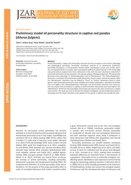 Ailurus Fulgens Animal Personality, 1 , Peter Moller ) 2 , David M.Powell Red Pandasandtheimpactthey Have Onthewelfare Ofthisspeciesincaptivity Andpossiblythewild