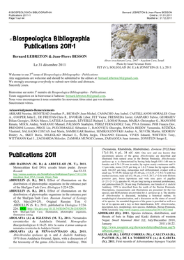 BIOSPEOLOGICA BIBLIOGRAPHIA Bernard LEBRETON & Jean-Pierre BESSON Publications 2011-1 Créé Le : 01.01.2011 Page 1 Sur 44 Modifié Le : 31.12.2011