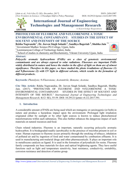 PHOTOLYSIS of FLUORENE and 9-FLUORENONE a TOXIC ENVIRONMENTAL CONTAMINANT: STUDIES in the EFFECT of SOLVENT and INTENSITY of the SOURCE Rekha Nagwanshi 1, Dr