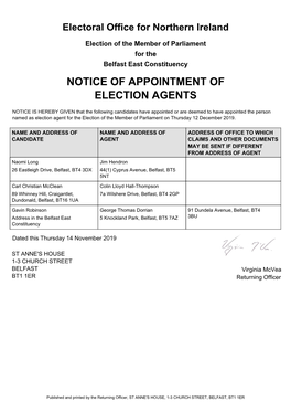 Notice of Appointment of Election Agents