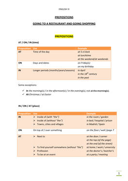 Prepositions & Vocab (Restaurant & Shops