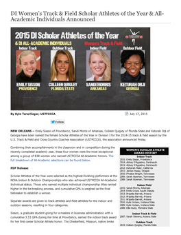 DI Women's Track & Field Scholar Athletes of the Year & All Academic Individuals Announced