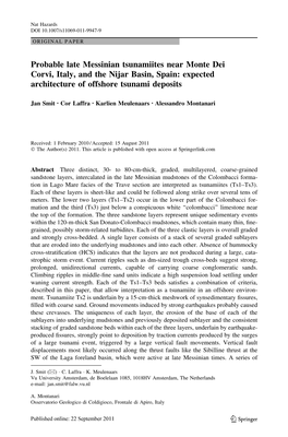 Probable Late Messinian Tsunamiites Near Monte Dei Corvi, Italy, and the Nijar Basin, Spain: Expected Architecture of Offshore Tsunami Deposits