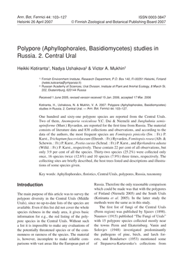 Polypore (Aphyllophorales, Basidiomycetes) Studies in Russia