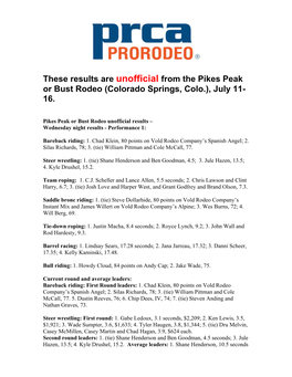 These Results Are Unofficial from the Pikes Peak Or Bust Rodeo (Colorado Springs, Colo.), July 11- 16