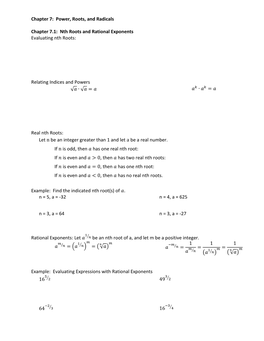 Power, Roots, and Radicals Chapter 7.1: Nth Roots and Rational