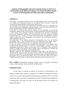 Analysis of Demographic and Socio-Economic Factors As Drivers Of