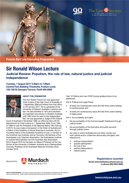 Sir Ronald Wilson Lecture Judicial Review: Populism, the Rule of Law, Natural Justice and Judicial Independence