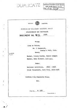 ROINN COSANTA. BUREAU of MILITARY HISTORY, 1913-21. STATEMENT by WITNESS. DOCUMENT NO W.S. Witness Liam De Róiste No. 2 Janemou
