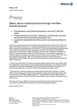 Press Release: Allianz Places Catastrophe Bond Through New Blue