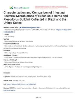 Characterization and Comparison of Intestinal Bacterial Microbiomes of Euschistus Heros and Piezodorus Guildinii Collected in Brazil and the United States