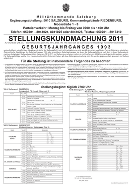 STELLUNGSKUNDMACHUNG 2011 Auf Grund Des § 18 Abs