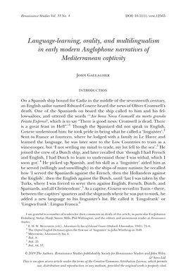 Learning, Orality, and Multilingualism in Early Modern Anglophone Narratives of Mediterranean Captivity