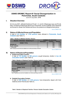 DSWD DROMIC Report #1 Social Disorganization in Polomolok, South Cotabato As of 27 July 2021, 6PM