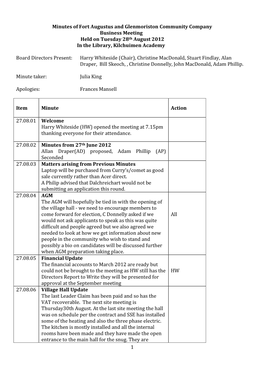 Minutes of Fort Augustus and Glenmoriston Community Company Business Meeting Held on Tuesday 28Th August 2012 in the Library, Kilchuimen Academy