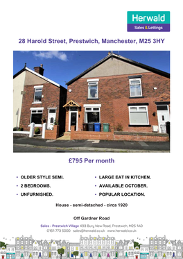 28 Harold Street, Prestwich, Manchester, M25 3HY £795 Per