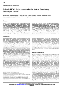 Role of GSTM3 Polymorphism in the Risk of Developing Esophageal Cancer