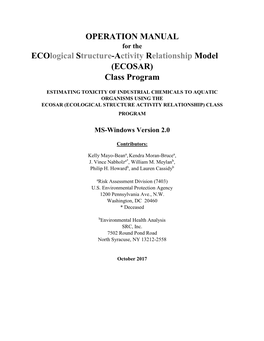 OPERATION MANUAL Ecological Structure-Activity Relationship Model (ECOSAR) Class Program