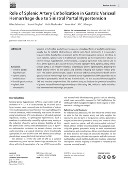 Role of Splenic Artery Embolization in Gastric Variceal Hemorrhage Due to Sinistral Portal Hypertension