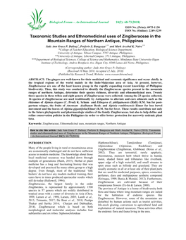 Taxonomic Studies and Ethnomedicinal Uses of Zingiberaceae in the Mountain Ranges of Northern Antique, Philippines Jade Ann Grace P