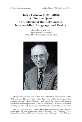 Hilary Putnam (1926–2016): a Lifetime Quest to Understand the Relationship Between Mind, Language, and Reality