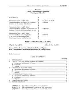 Federal Communications Commission FCC 02-136 Before the Federal Communications Commission Washington, D.C. 20554 in the Matter O