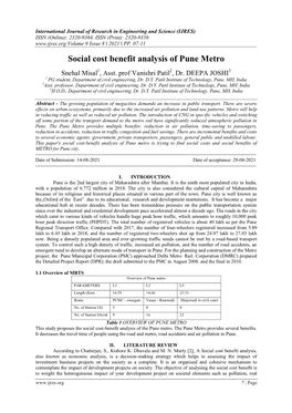 Social Cost Benefit Analysis of Pune Metro