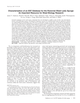 Characterization of an EST Database for the Perennial Weed Leafy Spurge: an Important Resource for Weed Biology Research James V