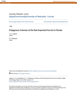 Polygynous Colonies of the Red Imported Fire Ant in Florida